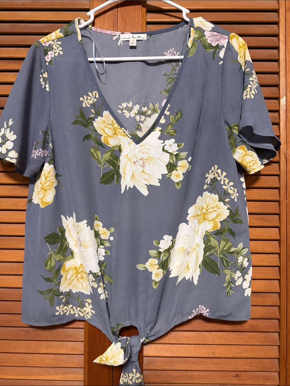 nine britton Slate Blue Floral Tie-Front V-Neck Blouse